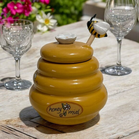 Hand-Painted Mini Ceramic Honey Pot With Lid & Dipper - Picture 2 of 6